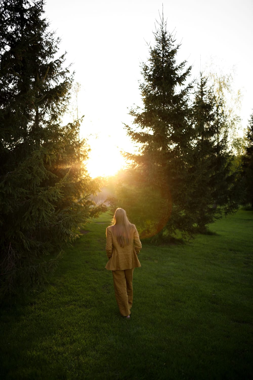 A woman walking towards golden light through the trees